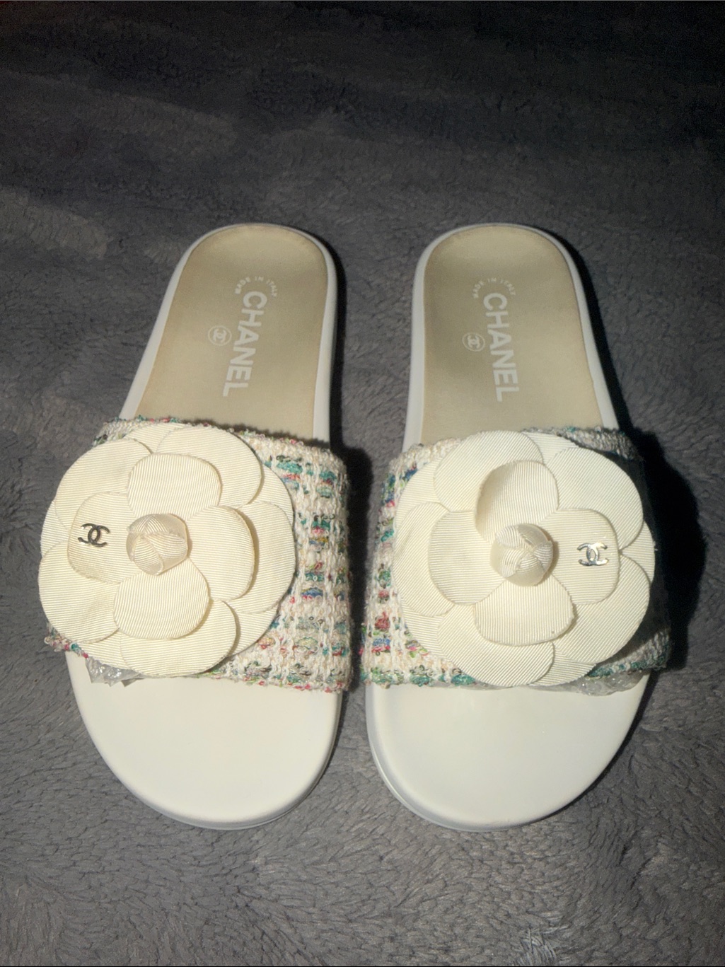 Preloved Chanel Cream Camellia Tweed Slide Sandals Size 38 Great Condition